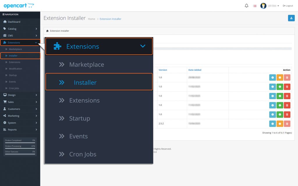 Navigate to the menu on the left side and follow this path: Extensions, then Installer.
