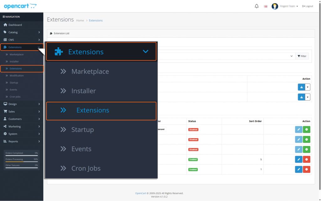 Click on Extensions on the left window and click Extensions from the dropdown