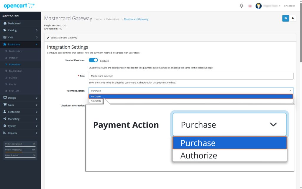 Choosing the payment action - Purchase