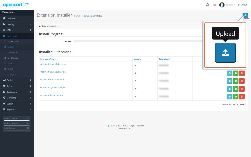 On the ‘Installer’ page, click on the ‘Upload’ icon available on the top right corner of the screen.