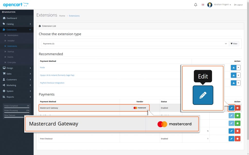 Locate ‘Mastercard Gateway’ from the list of payment methods and click the ’pencil’ icon next to it to configure the same.