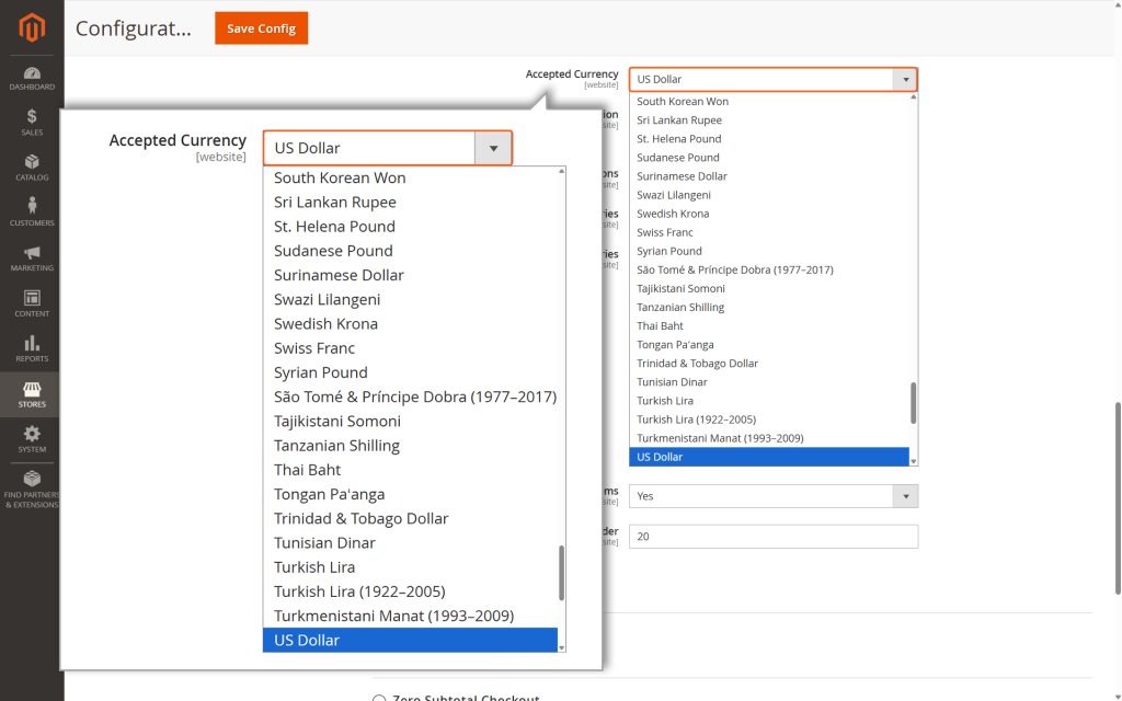 For Accepted Currency: Choose the currency you want to use as the base for your store.