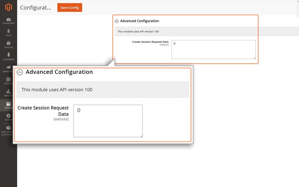 Advanced Configuration provides information about the current API version utilized by the Mastercard Gateway plugin. Additionally, there is a field available to create session request data.