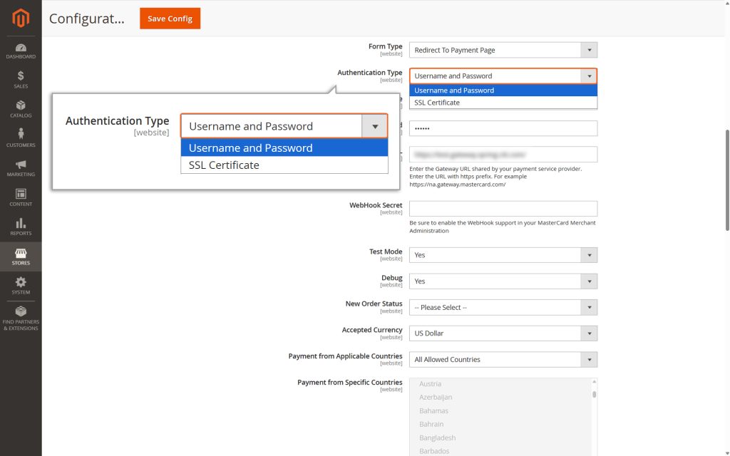 Choosing the preferred authentication method - Username and Password