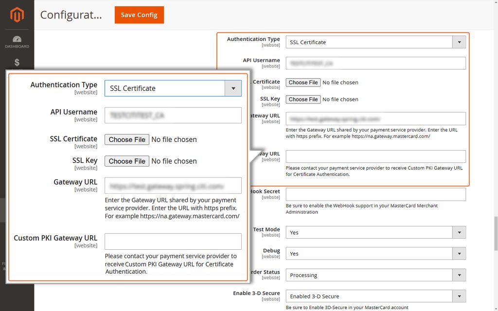 Enter API Username, Custom PKI Gateway URL and upload SSL Certificate & SSL Key when Authentication Type is selected as SSL Certificate.