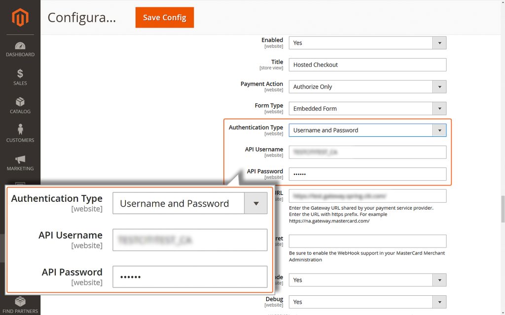 Enter API Username and API Password when Authentication Type is selected as Username and Password