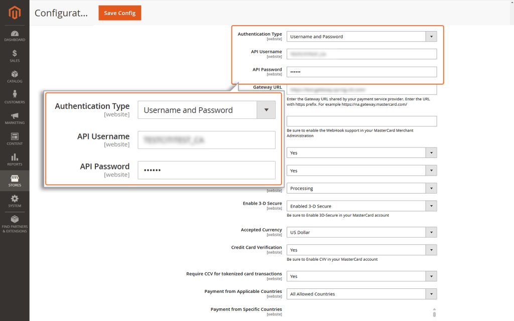 Enter API Username and API Password when Authentication Type is selected as Username and Password