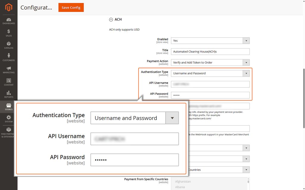 Enter API Username and API Password when Authentication Type is selected as Username and Password