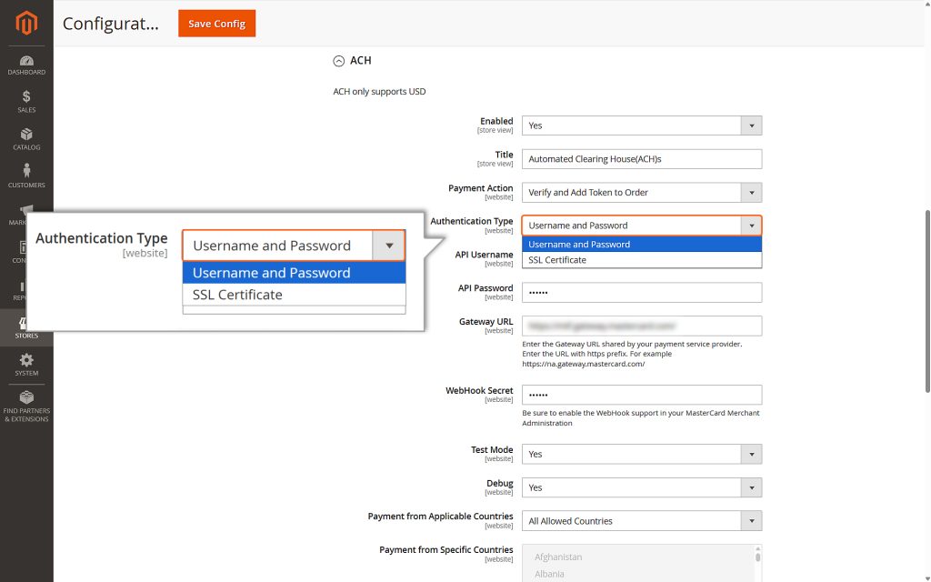 Choosing the preferred authentication method - Username and Password