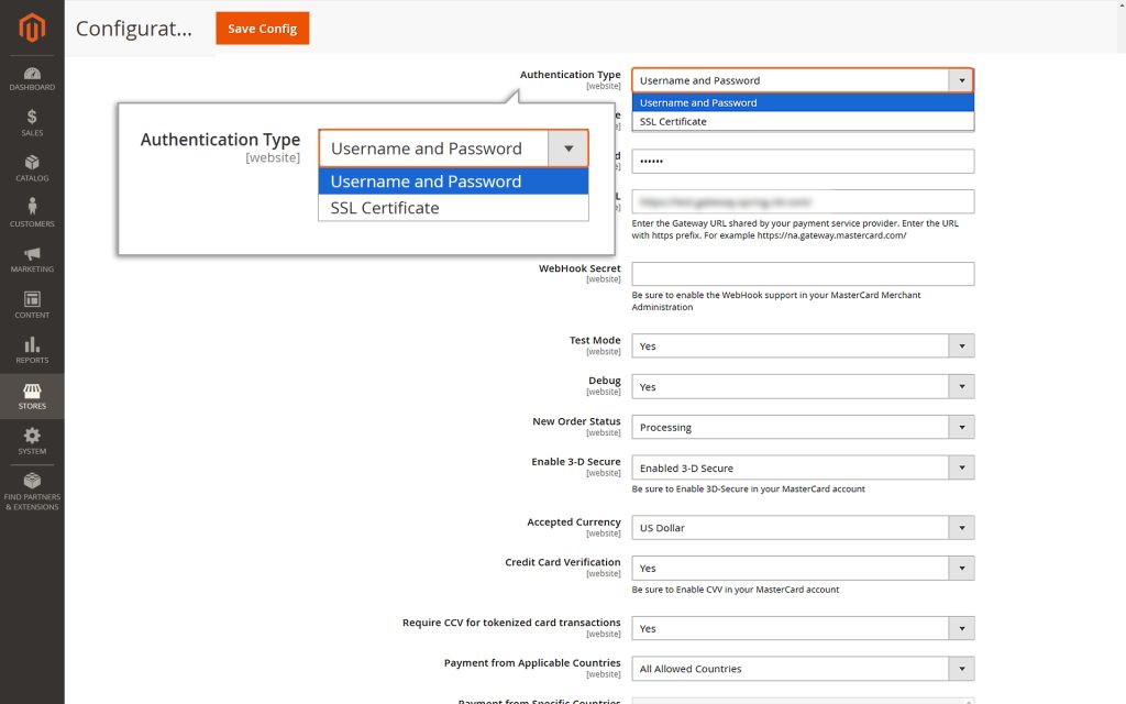 Choosing the preferred authentication method - Username and Password