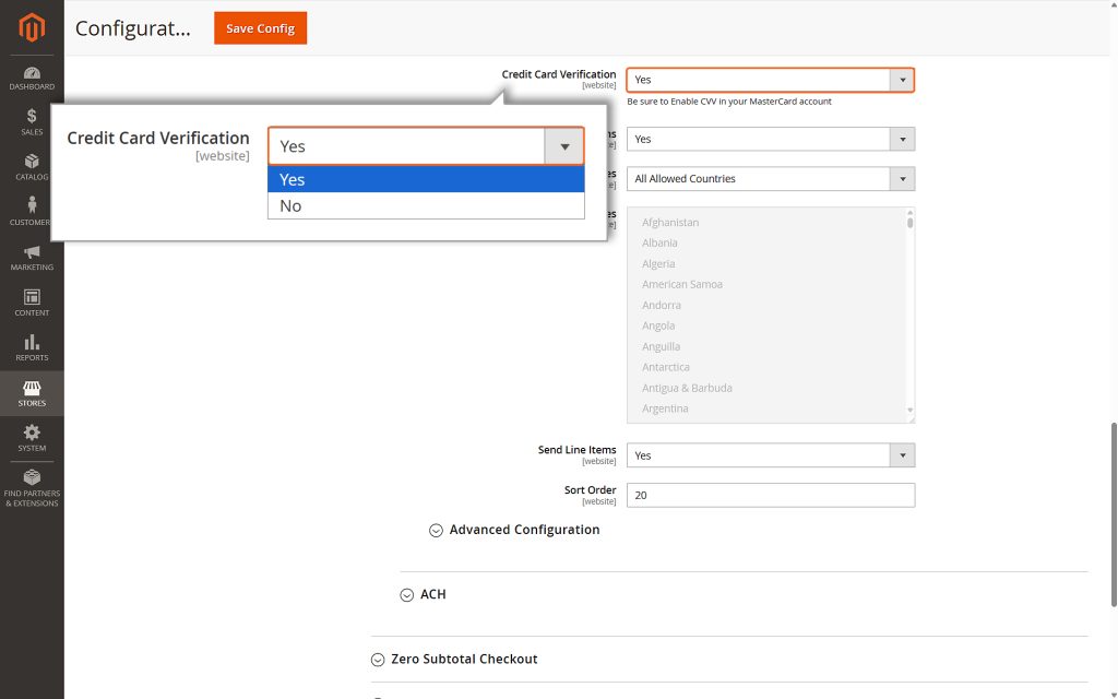 Set Yes for Credit Card Verification if you require card verification for Hosted Payment Sessions.