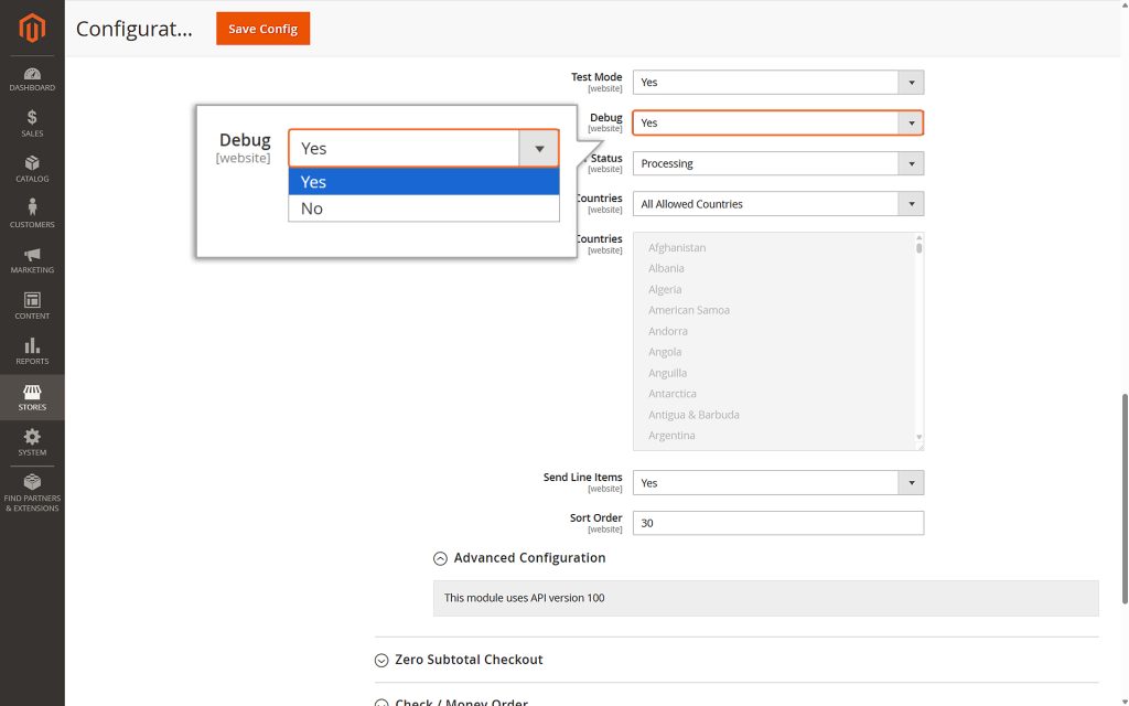 Enable Debug by selecting Yes if you’re testing in Test Mode.