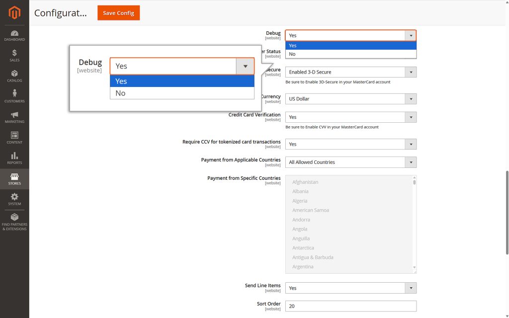 Enable Debug by selecting Yes if you’re testing in Test Mode.