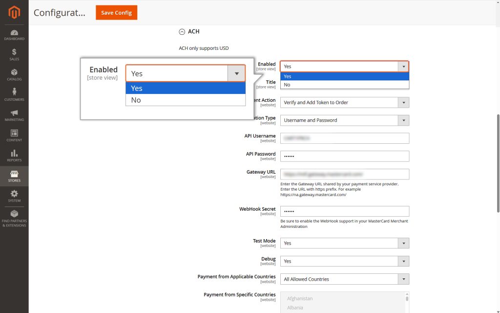 Open the dropdown menu and select “Yes” to enable the ACH feature.