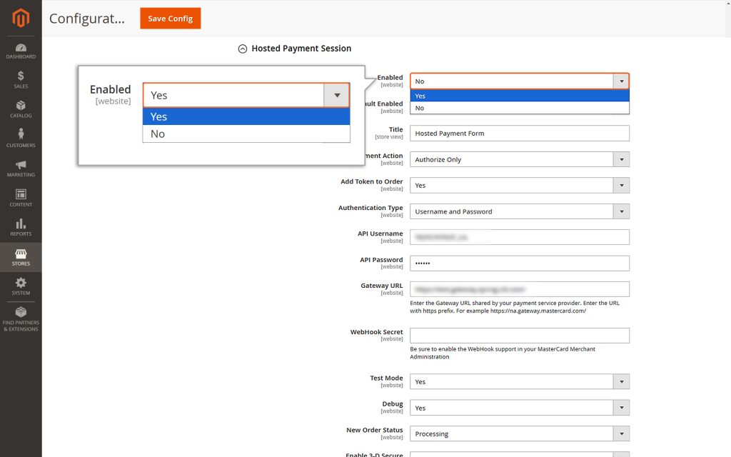 Open the dropdown menu and select “Yes” to enable the Hosted Payment Session feature.