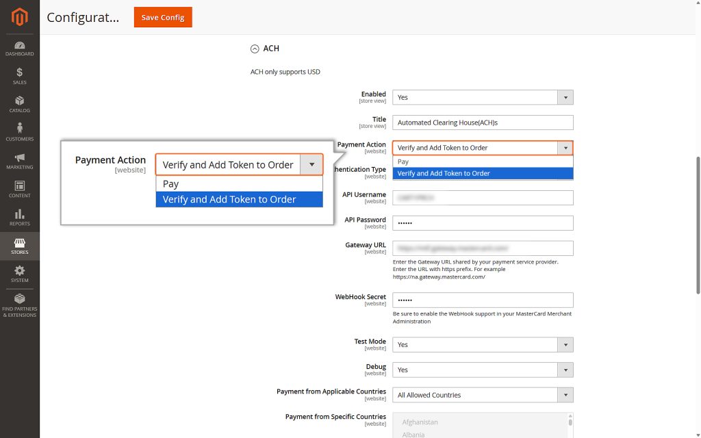 Choosing the payment action - Verify and Add Token to Order