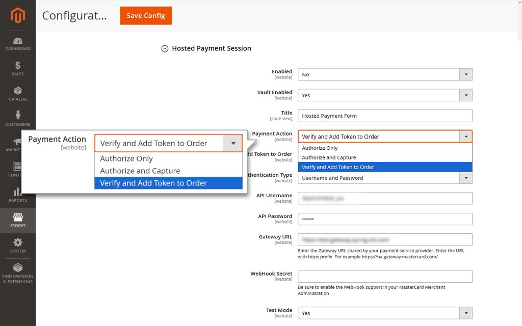 Choosing the payment action - Verify and Add Token to Order