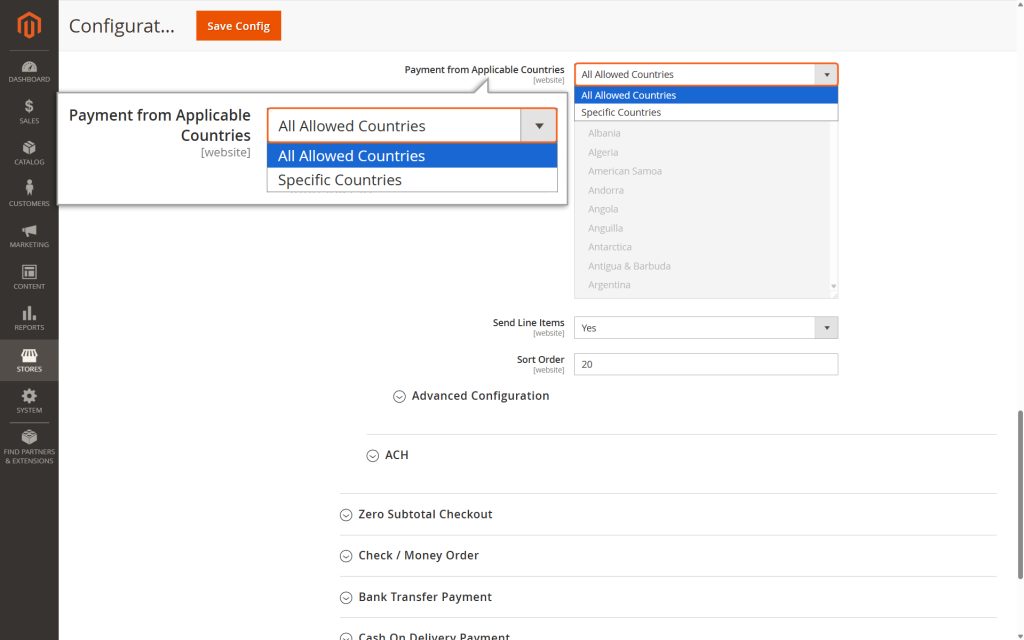 For Payment from Applicable Countries: Choose which countries the merchant wants to accept payments from.