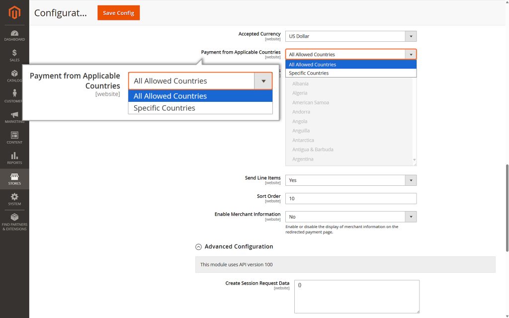 For Payment from Applicable Countries: Choose which countries the merchant wants to accept payments from.