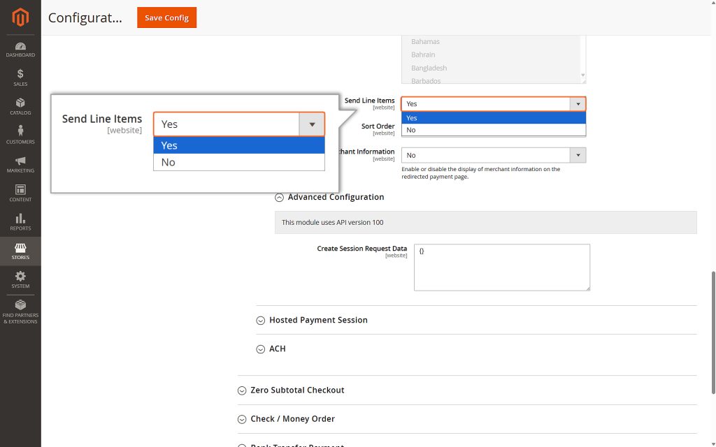 Select Yes for Send Line Items if you want to include detailed order information (like item names, quantities, and prices) in the transactions sent to the Mastercard Gateway.