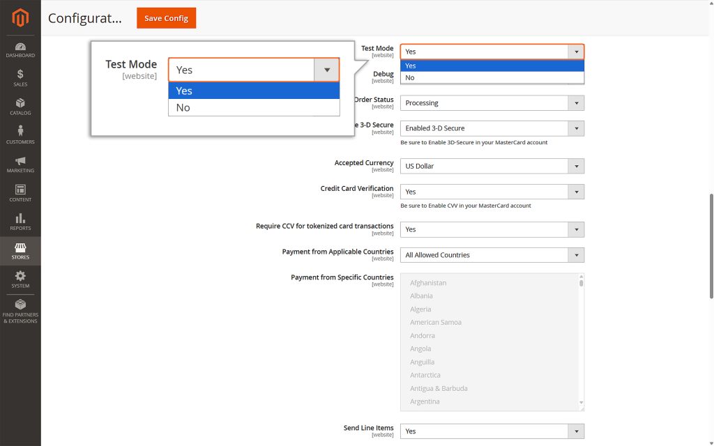 For Test Mode: Select Yes to use test credentials (API username prefixed with TEST).