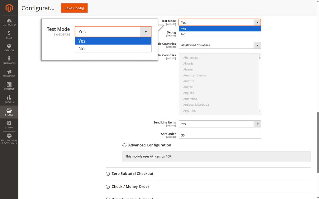 For Test Mode: Select Yes to use test credentials (API username prefixed with TEST).
