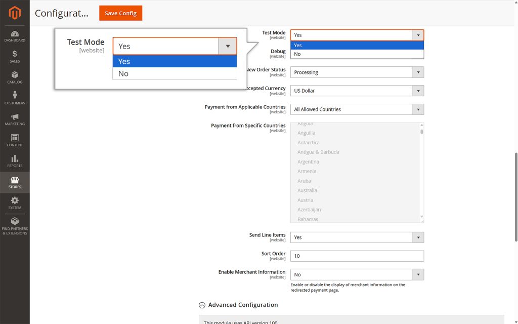 For Test Mode: Select Yes to use test credentials (API username prefixed with TEST).