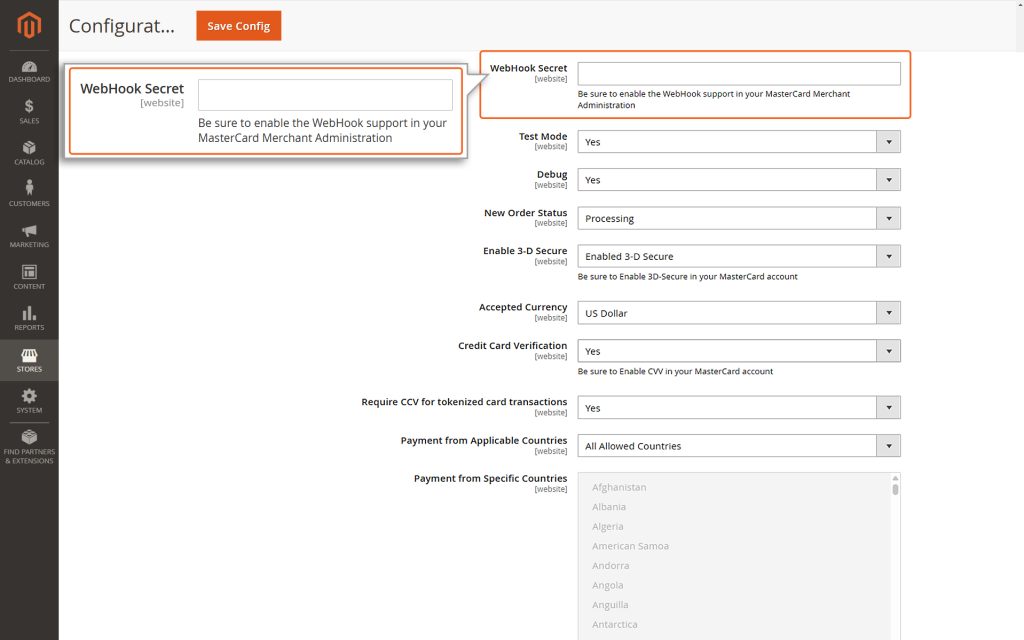 Enter the WebHook secret from your merchant account.