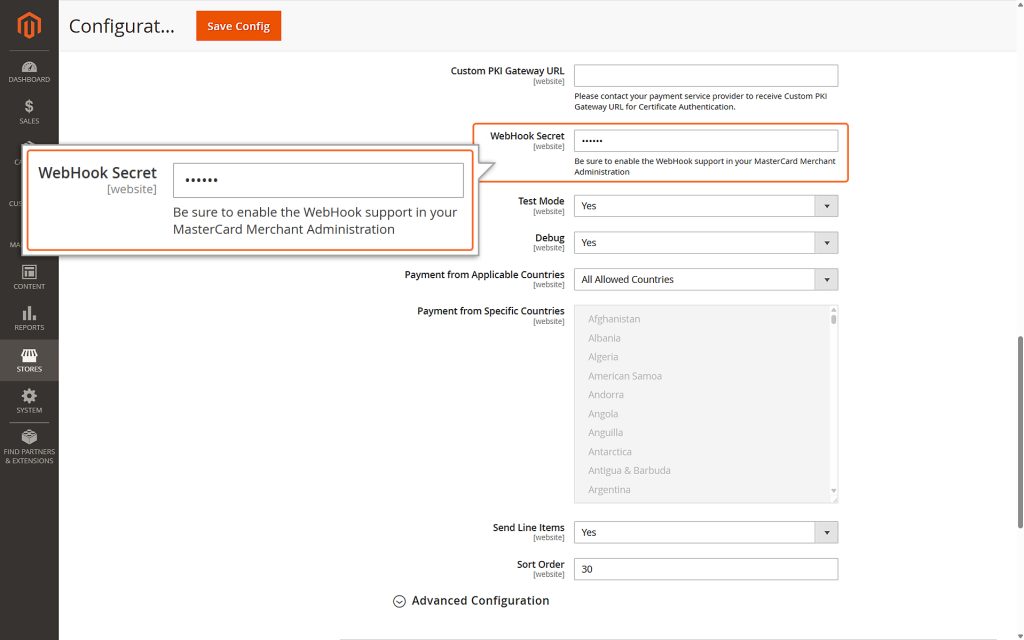 Enter the WebHook secret from your merchant account.