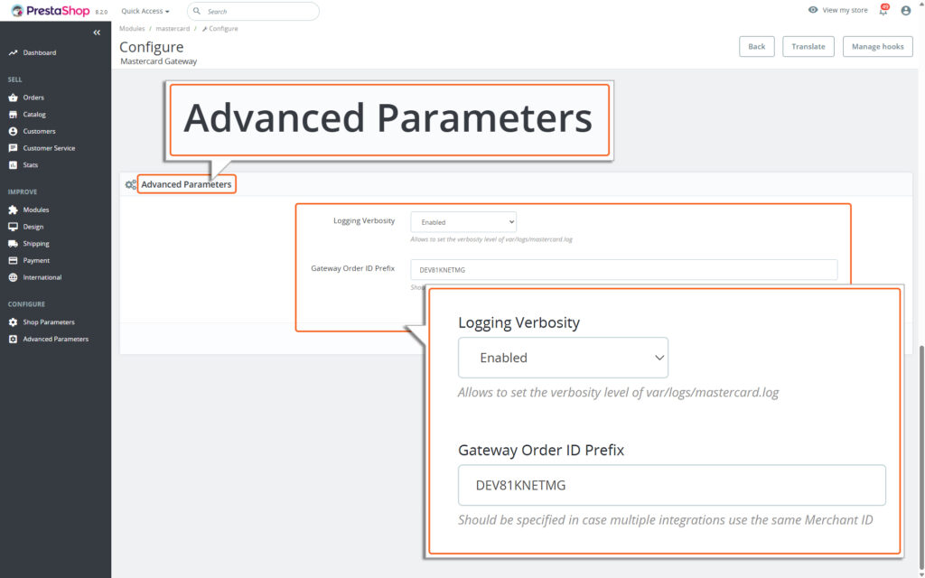 Advanced Parameters screen highlighting Gateway Order ID prefix:, Logging Verbosity Custom WebHook Endpoint fields
