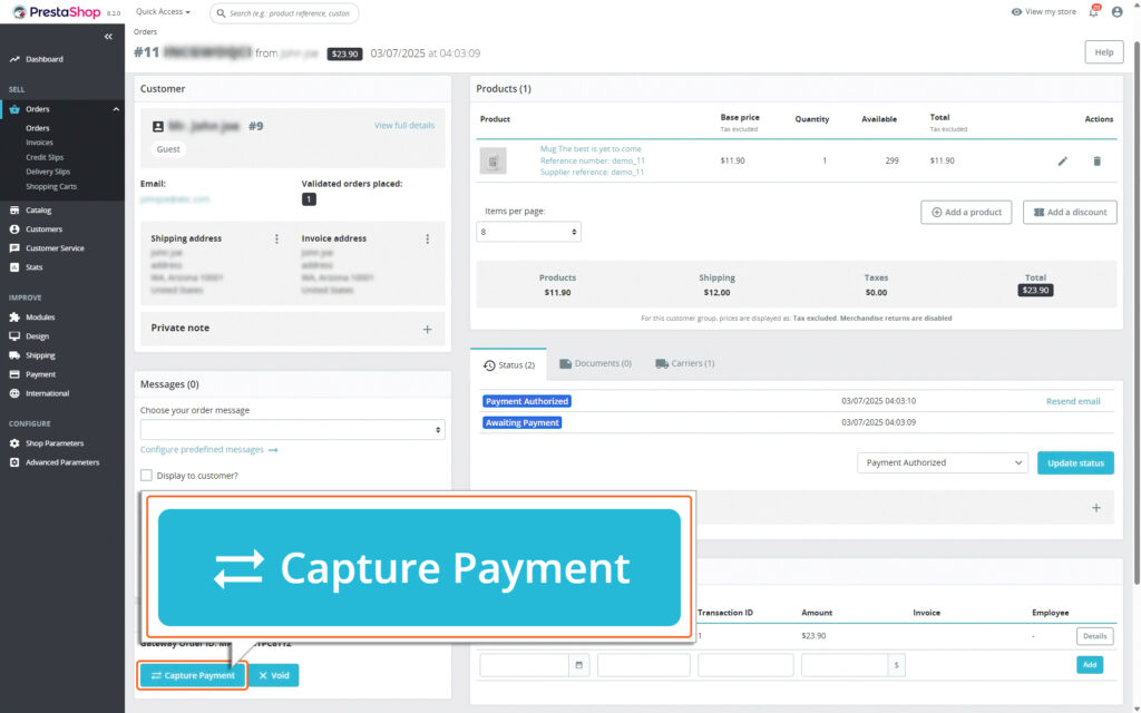 Image of Order details page highlighting Capture Payment button