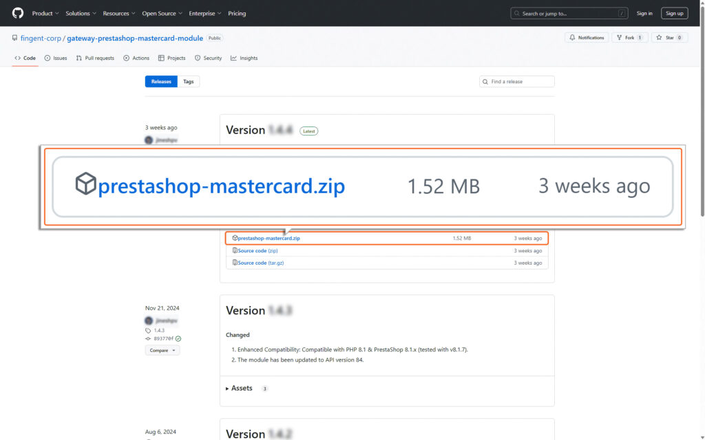 Github release page with GitHub Release Version Zip File