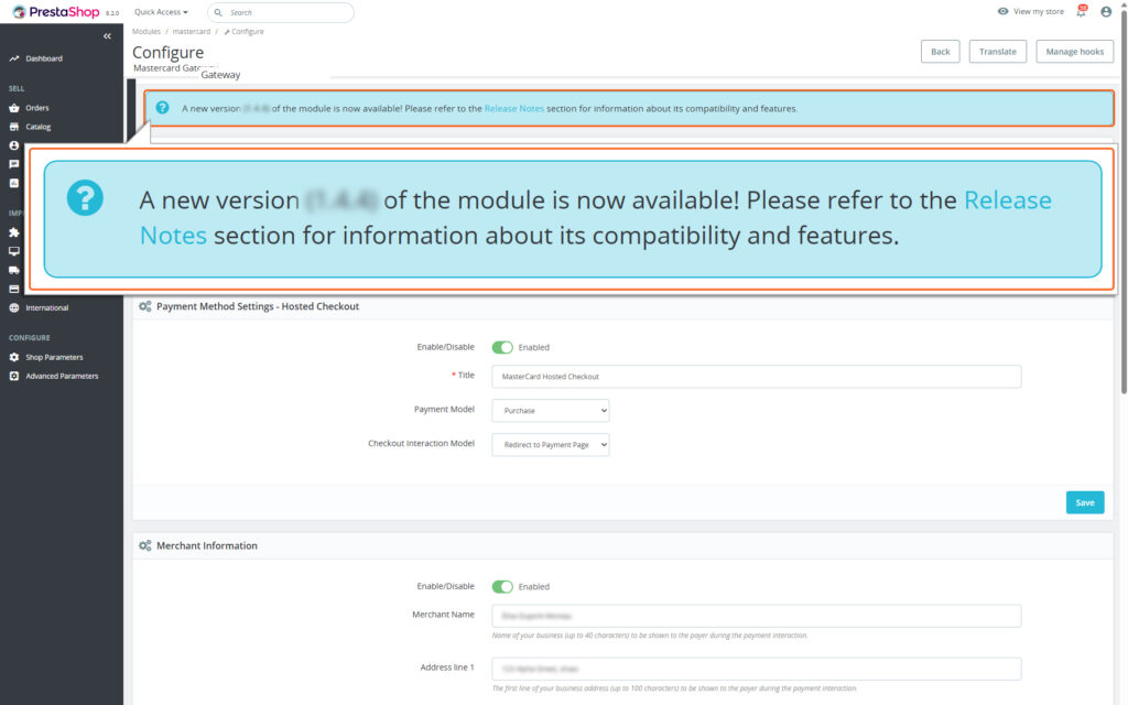 PrestaShop Admin Page with Notification, which shows that a newer version is available