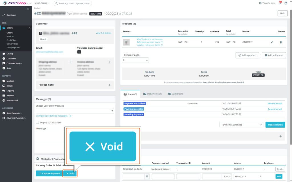 Image of Order details page highlighting Void Submit button