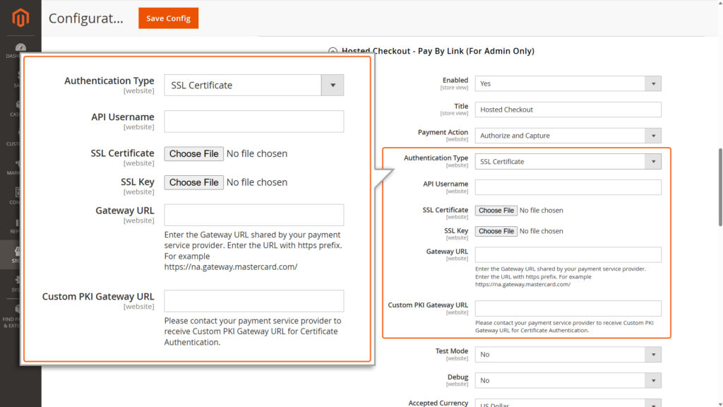 "Enter API Username, Custom PKI Gateway URL and upload SSL Certificate & SSL Key when Authentication Type is selected as SSL Certificate."