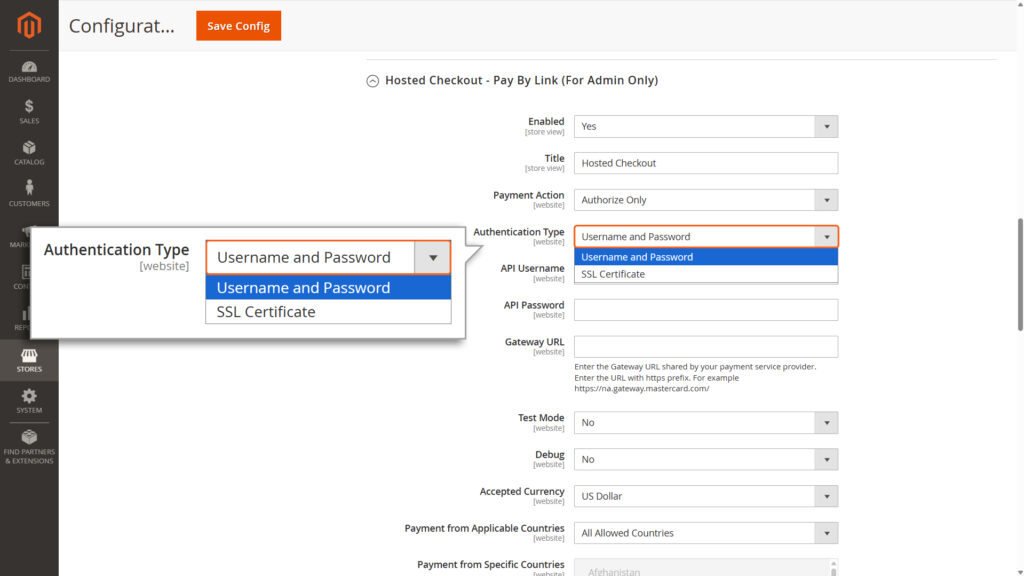 Enter API Username and API Password when Authentication Type is selected as Username and Password