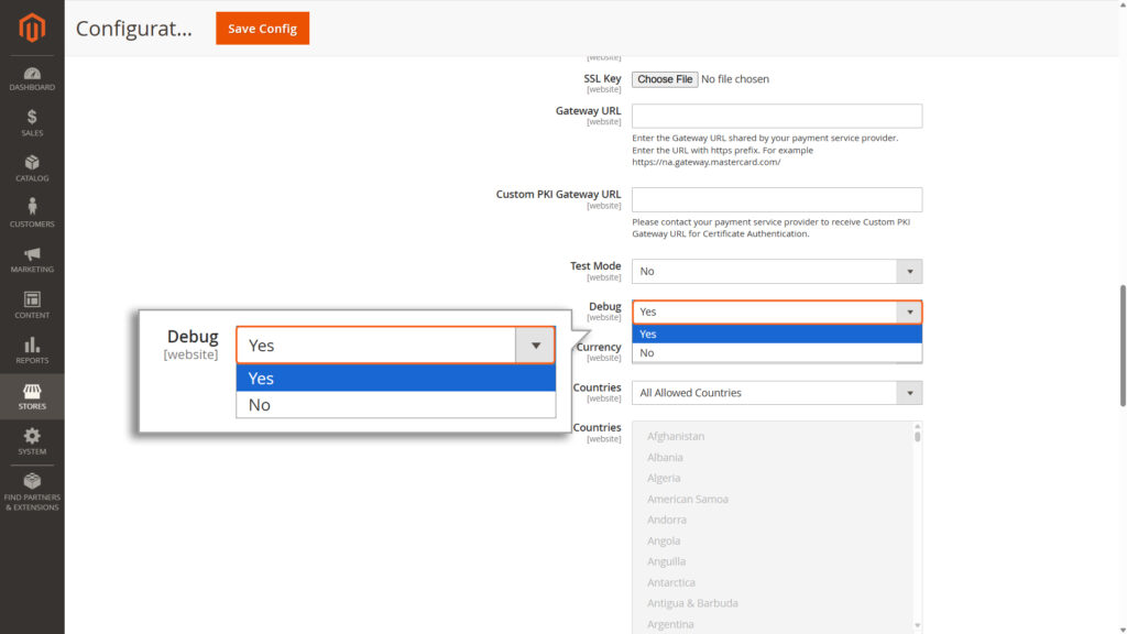 Enable Debug by selecting Yes if you’re testing in Test Mode.