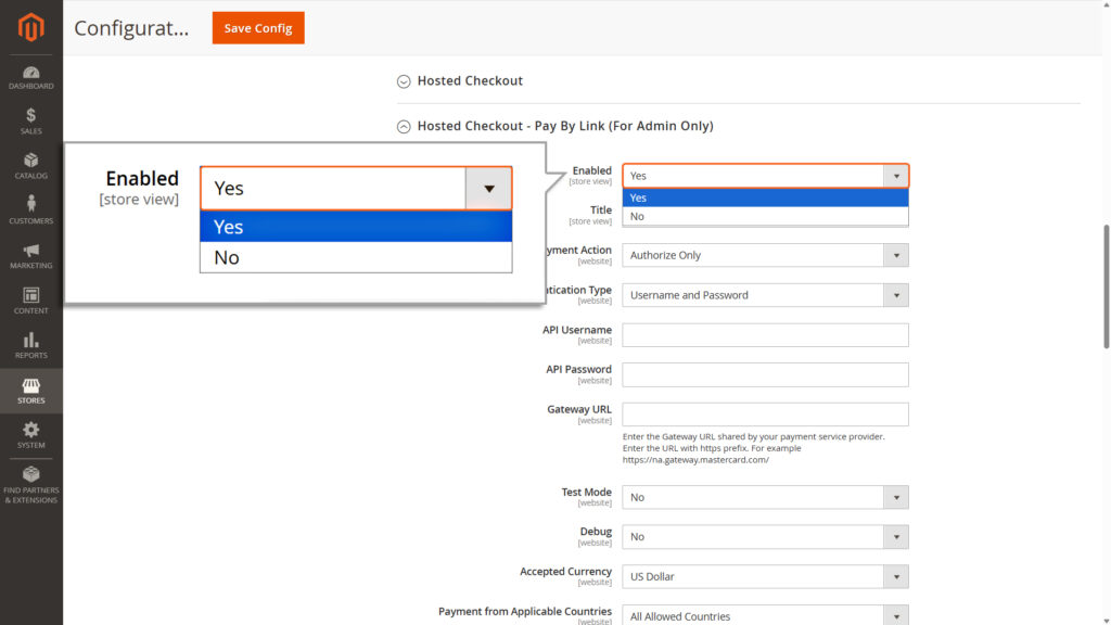 Open the dropdown menu and select “Yes” to enable the Hosted Checkout Pay by Link feature