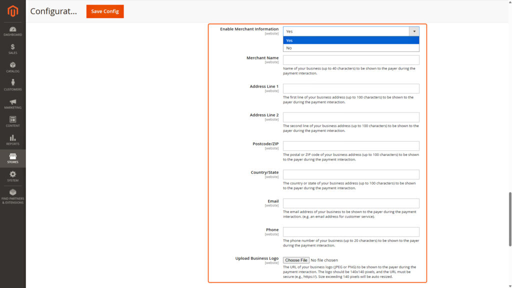 Merchant Information fields for the merchant to configure and have it displayed on the redirected payment page.