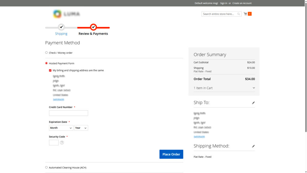 Sample image of hosted session payment Form