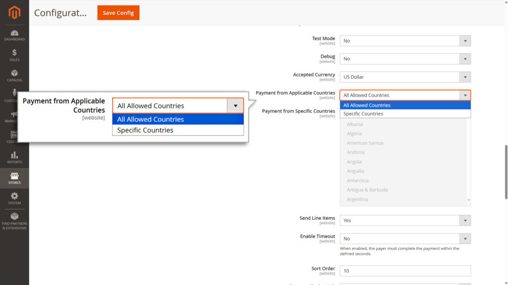 For Payment from Applicable Countries: Choose which countries the merchant wants to accept payments from.