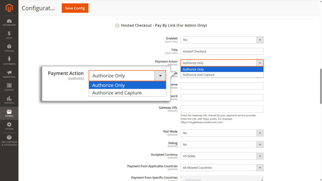 "Choosing the payment action - Authorize Only"