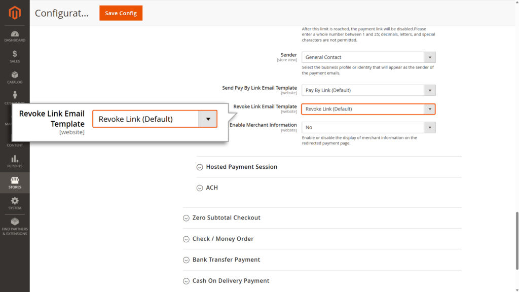 Pay By link’s Revoke email template selection