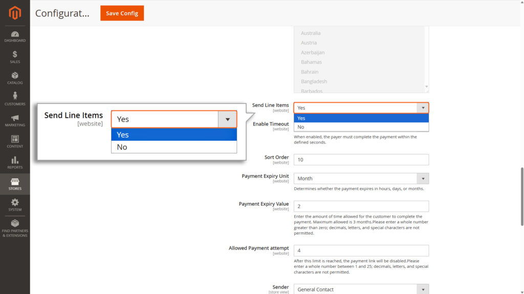 Select Yes for Send Line Items if you want to include detailed order information (like item names, quantities, and prices) in the transactions sent to the Mastercard Gateway.