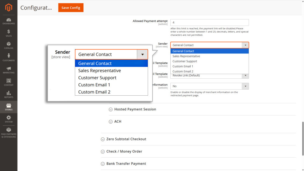 Selecting the Pay by link Sender from dropdown