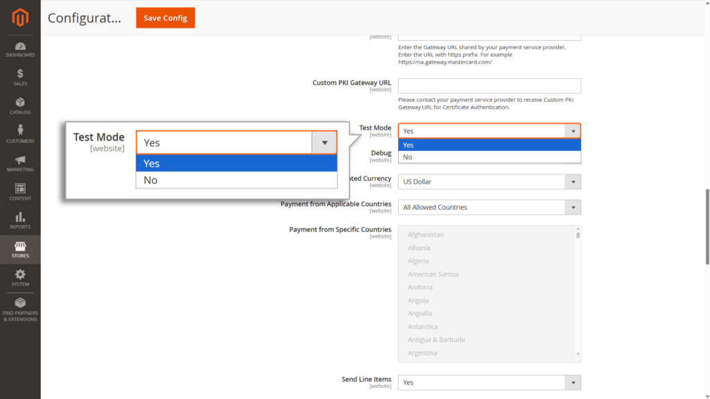 For Test Mode: Select Yes to use test credentials (API username prefixed with TEST).