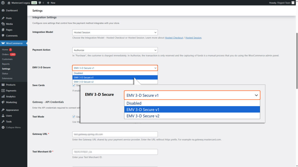 Image of Saved cards checkbox and 3D-Secure drop down field