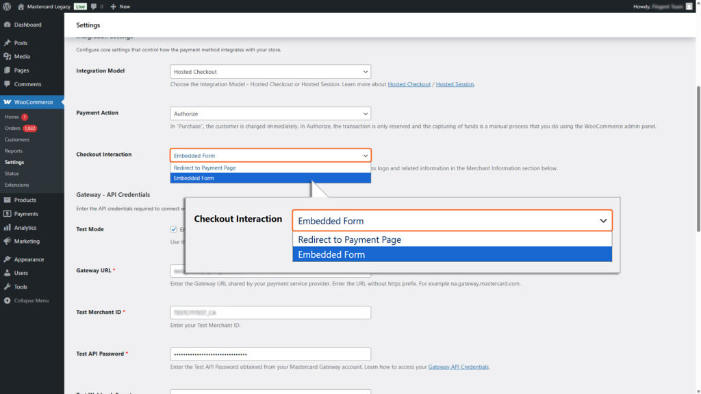 Choosing ‘Embedded’ as an option from Checkout Interaction dropdown field