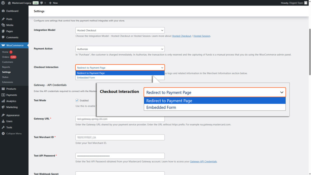 Choosing ‘Redirect to payment page’ as an option from Checkout Interaction dropdown field