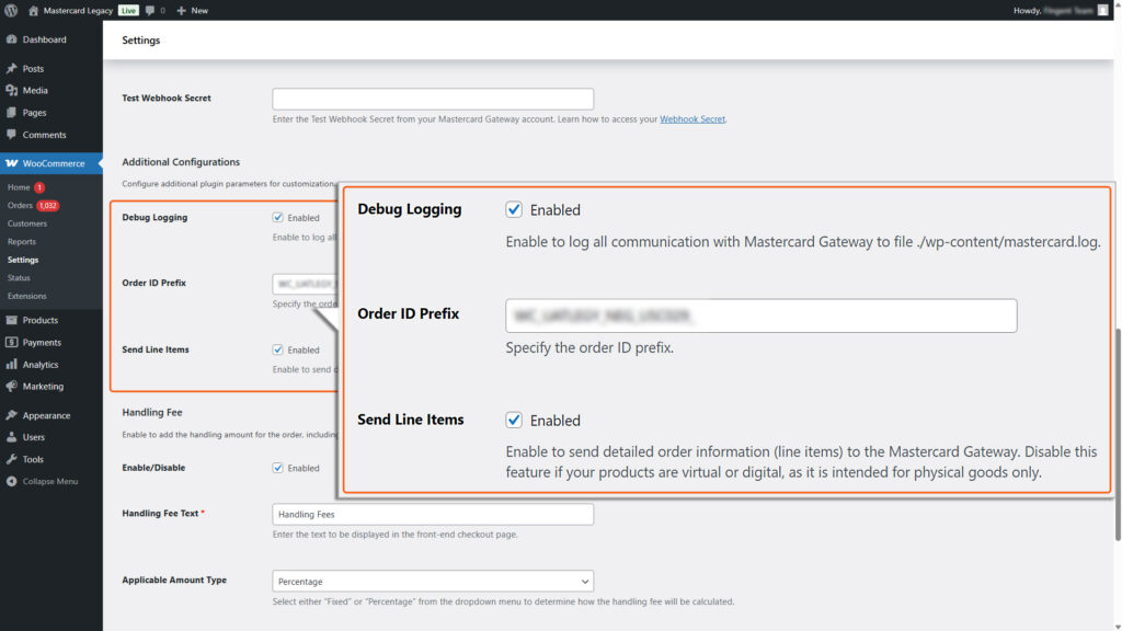 Image of Debug Logging, Order ID prefix and Send Line Items checkboxes